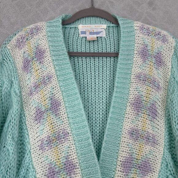Vtg Hand Knit Cardigan Sweater Womens Medium Pastel Aqua Chunky Grandma 90s 80s - Picture 2 of 11